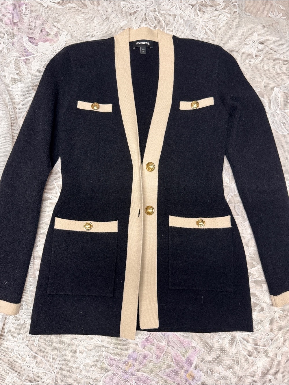 Express Black Cardigan with Cream Trim and Gold Buttons